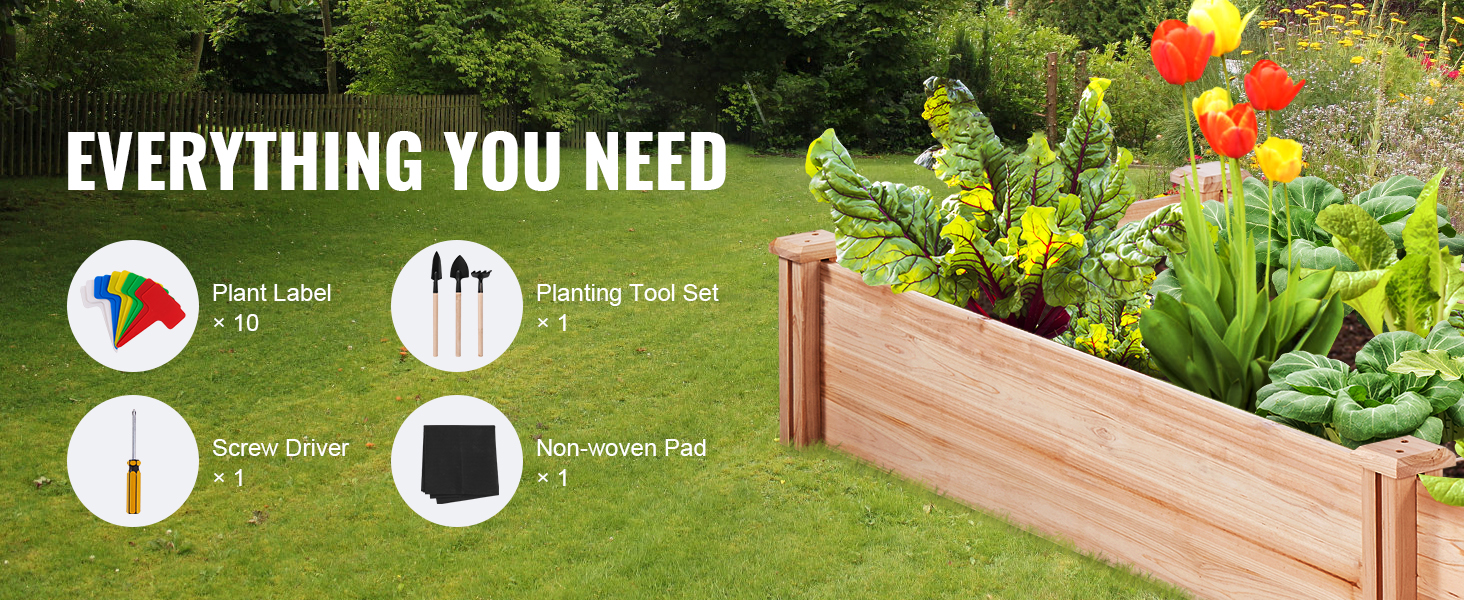 VEVOR raised garden bed with tools, plant labels, and non-woven pad in a lush backyard garden.