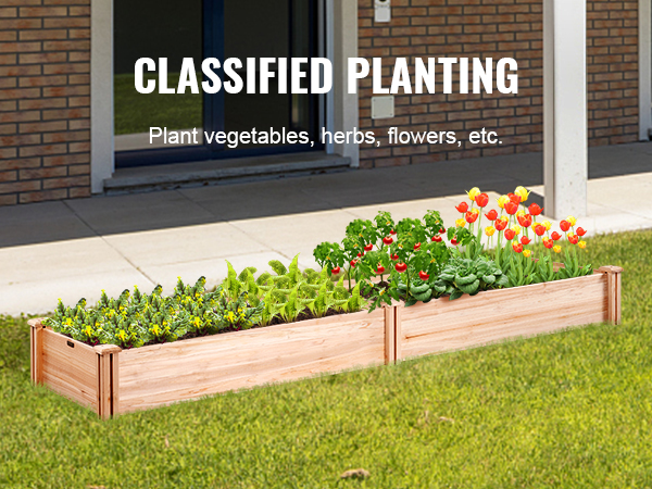 VEVOR raised garden bed with vegetables, herbs, and flowers in a backyard near a modern house.