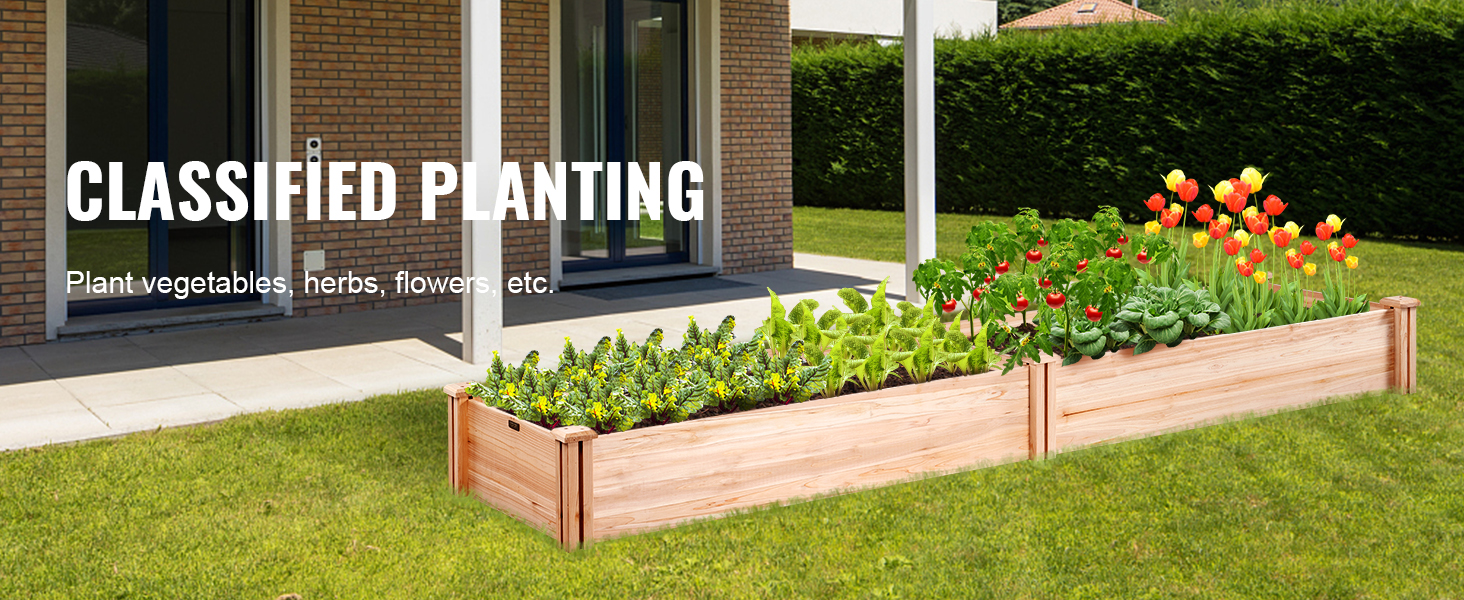 VEVOR raised garden bed with vegetables, herbs, and flowers in a backyard near a modern house.