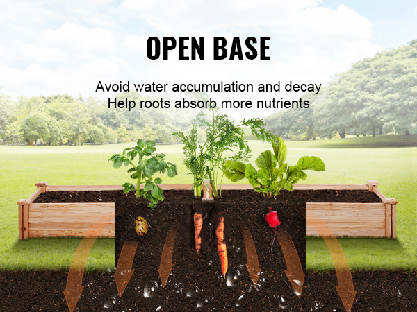VEVOR raised garden bed in a lush garden promotes drainage and nutrient absorption with open base design.