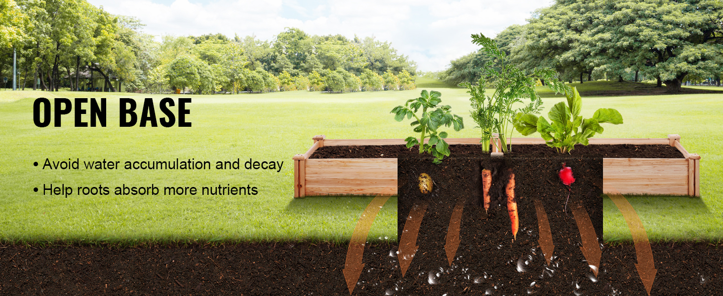 VEVOR raised garden bed in a lush garden promotes drainage and nutrient absorption with open base design.