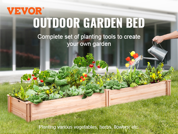VEVOR raised garden bed with vegetables and flowers being watered, set in a green outdoor garden.