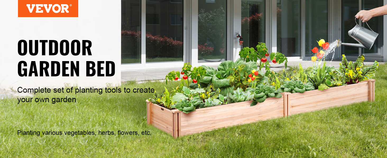 VEVOR raised garden bed with vegetables and flowers being watered, set in a green outdoor garden.