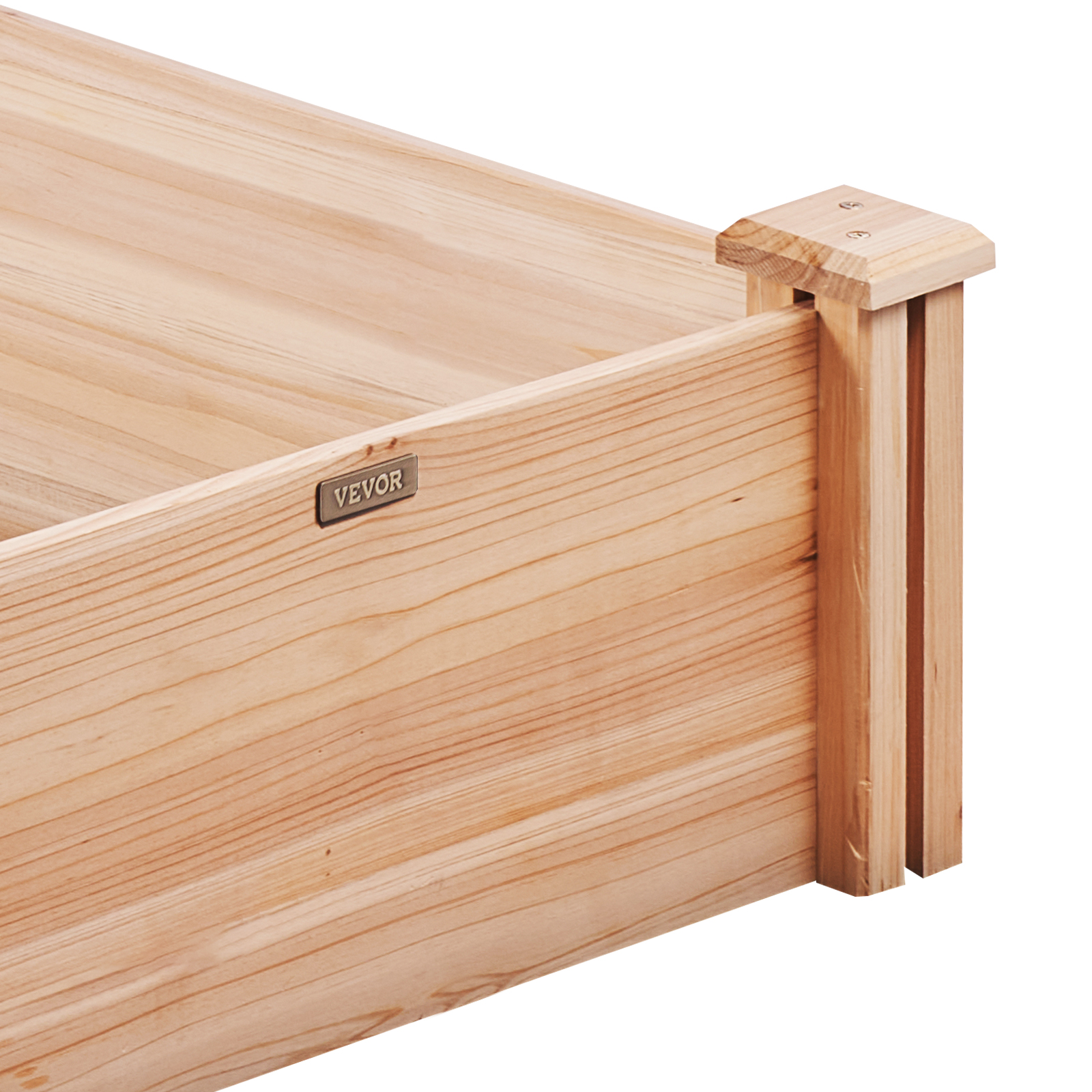 wooden VEVOR raised garden bed corner with engraved VEVOR plaque.