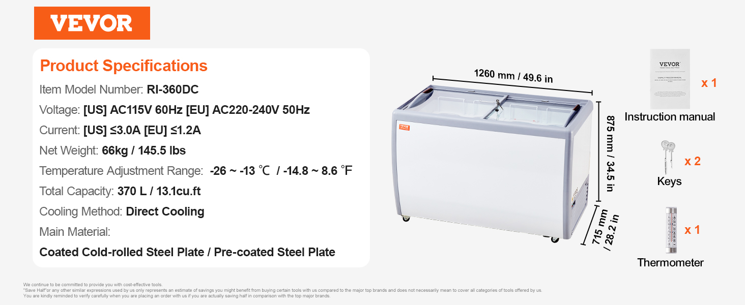 VEVOR ice cream display case with 370l capacity, direct cooling, and coated steel plate. includes keys, manual, thermometer.