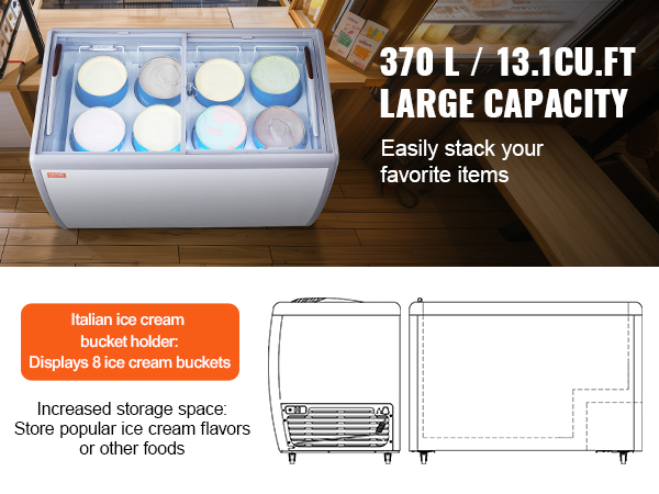 VEVOR ice cream display case showcasing 8 ice cream buckets with 370l large capacity, perfect for storage.