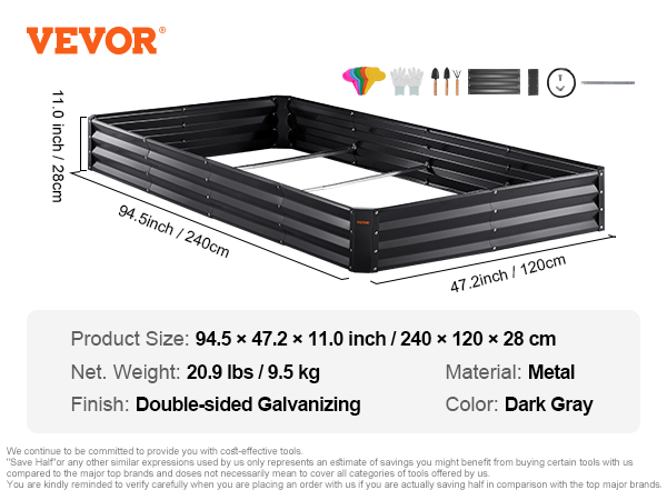 VEVOR raised garden bed, metal, dark gray, double-sided galvanizing, 94.5x47.2x11.0 inches.