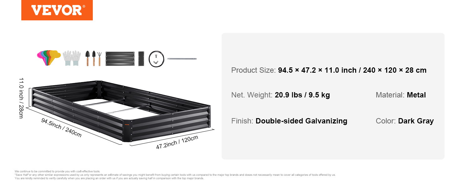 VEVOR raised garden bed, metal, dark gray, double-sided galvanizing, 94.5x47.2x11.0 inches.
