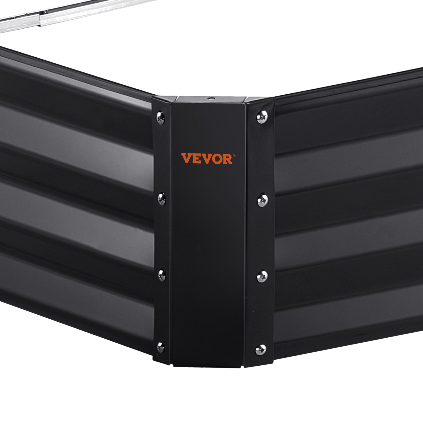 black VEVOR raised garden bed corner with a sturdy, ribbed metal design and visible bolts.