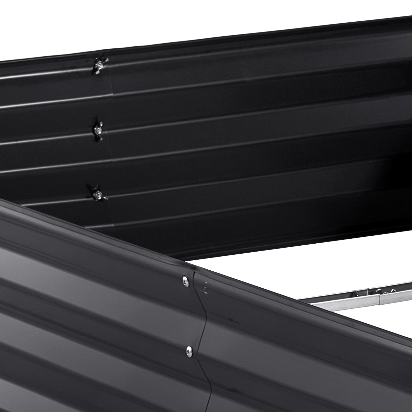 black VEVOR raised garden bed with visible metal paneling and screws.