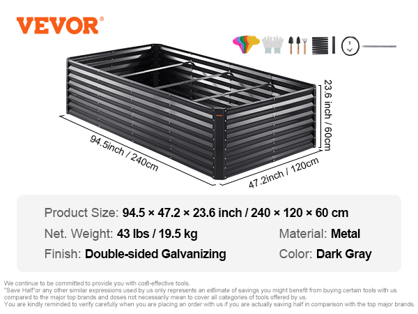VEVOR garden bed, 94.5"x47.2"x23.6", dark gray metal with double-sided galvanizing, includes tools.