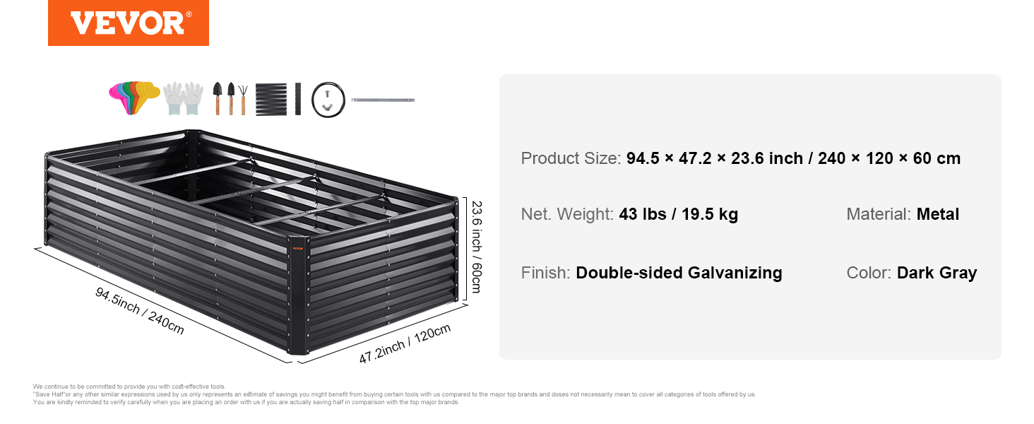 VEVOR garden bed, 94.5"x47.2"x23.6", dark gray metal with double-sided galvanizing, includes tools.