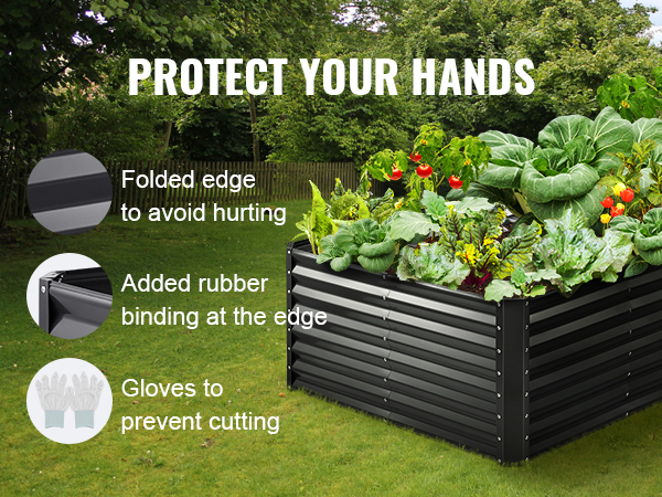 VEVOR garden bed featuring protective edges, gloves, and vibrant vegetable plants in a lush garden.