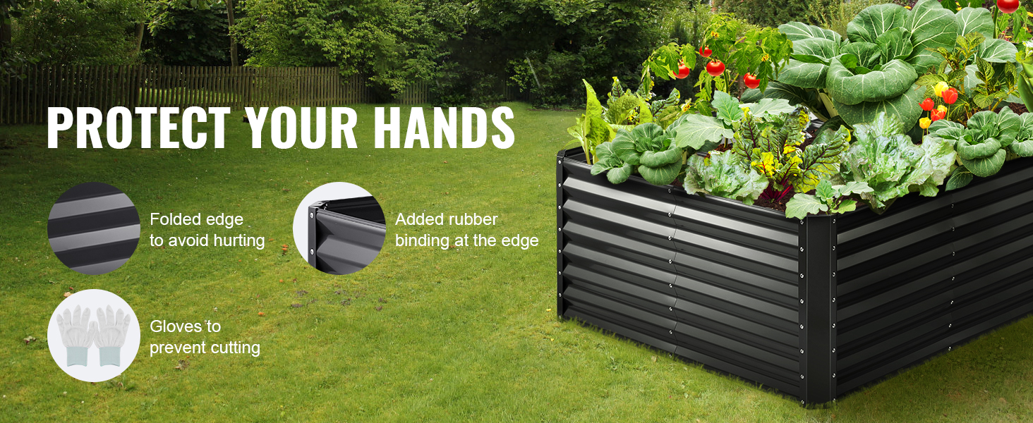 VEVOR garden bed featuring protective edges, gloves, and vibrant vegetable plants in a lush garden.