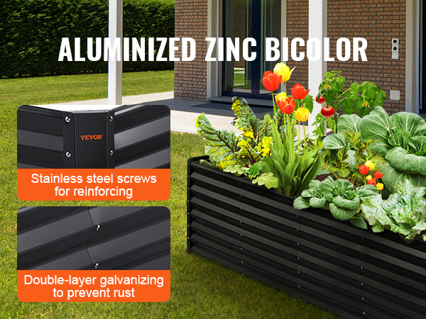 VEVOR garden bed made of aluminized zinc bicolor with double-layer galvanizing and stainless steel screws.