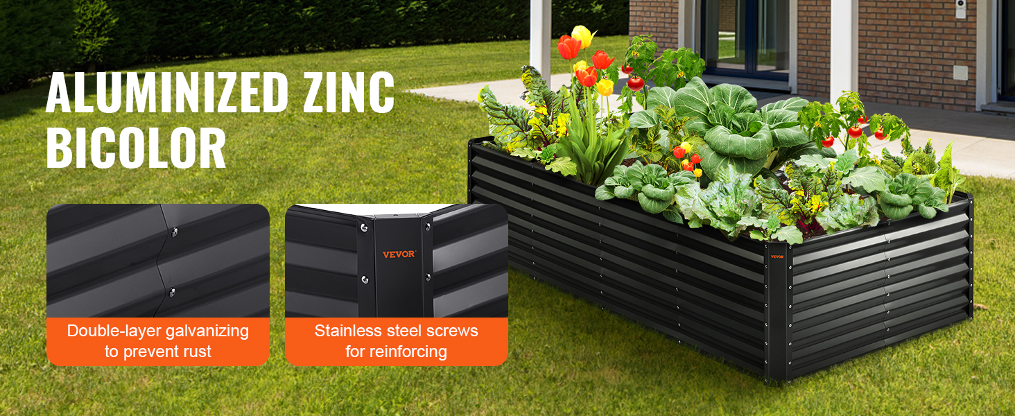VEVOR garden bed made of aluminized zinc bicolor with double-layer galvanizing and stainless steel screws.