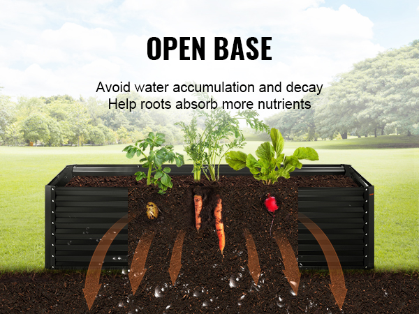 VEVOR garden bed with an open base showing healthy root growth and vegetables in a lush garden.