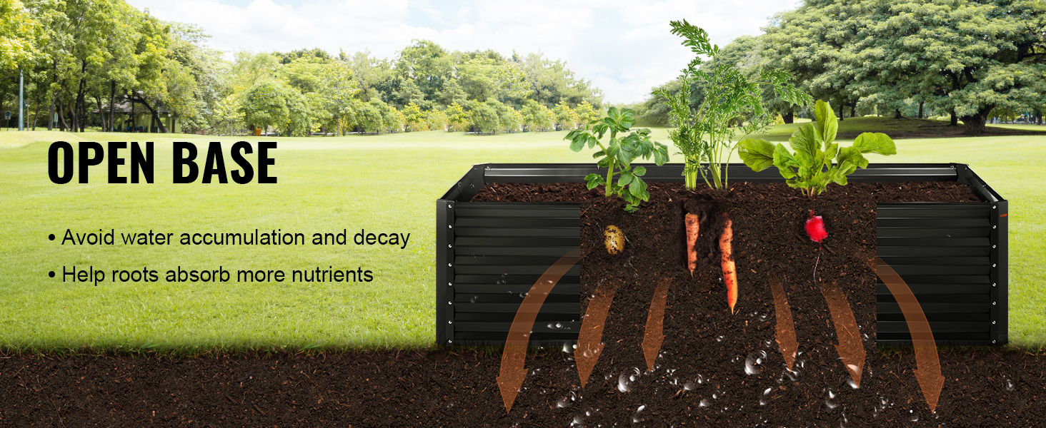 VEVOR garden bed with an open base showing healthy root growth and vegetables in a lush garden.