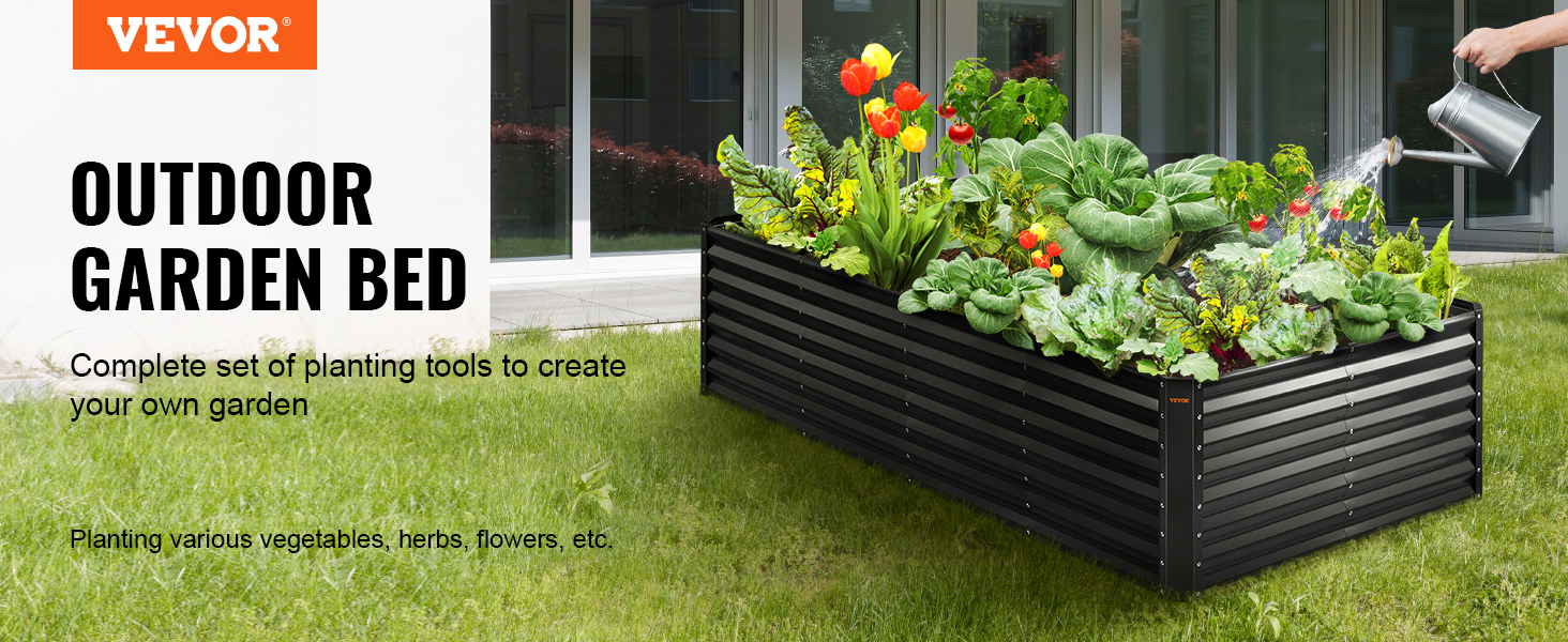 VEVOR garden bed filled with colorful vegetables and flowers, being watered outdoors near a house.