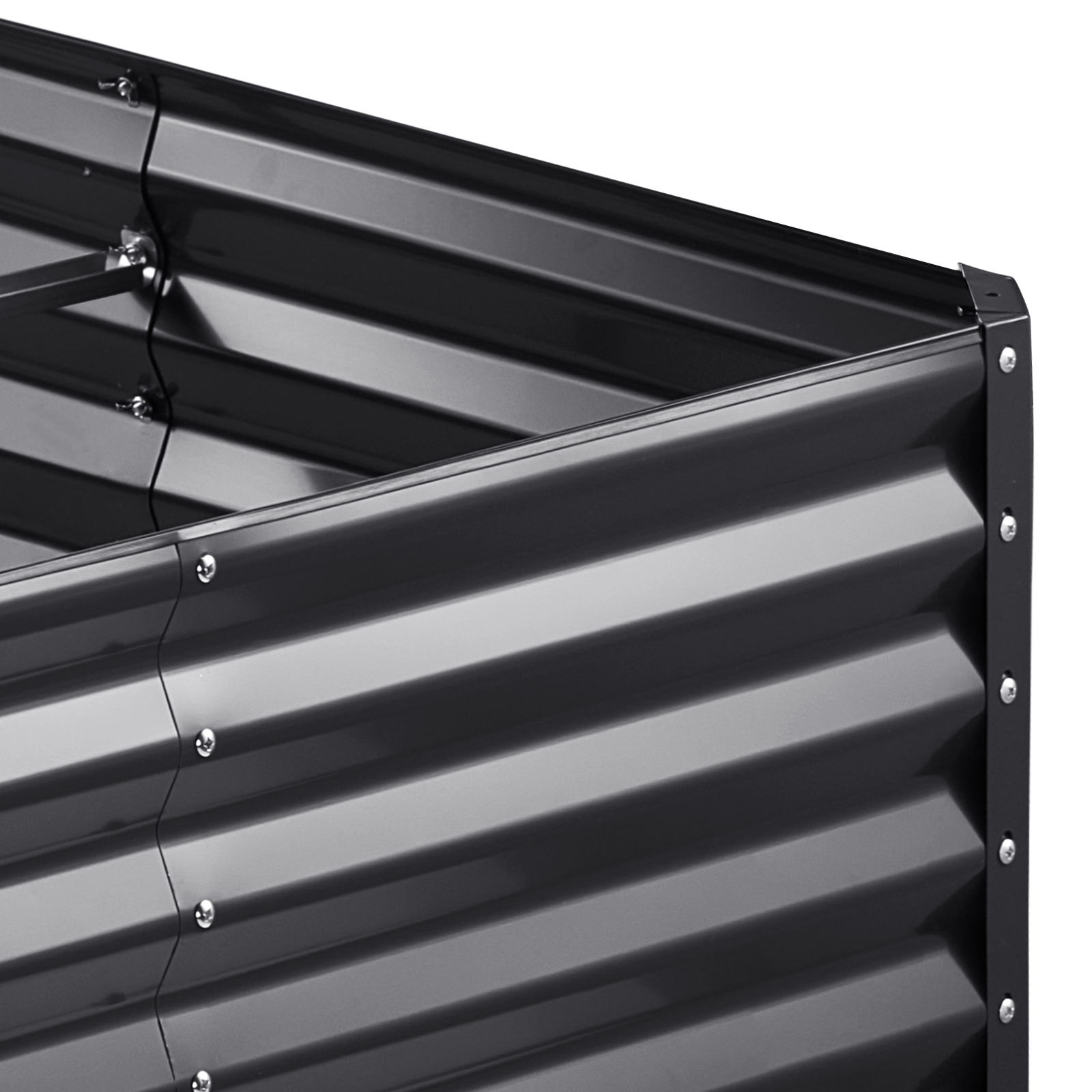 VEVOR garden bed with corrugated black steel panels and secure silver bolts on the corners and edges.