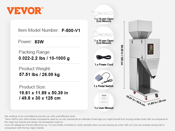 VEVOR particle filling machine f-1000-v1 details, 83w power, 0.022-2.2 lbs packing range, 57.51 lbs weight.