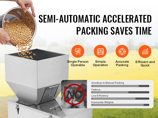 hand pouring soybeans into VEVOR particle filling machine with benefits: efficient, accurate, and quick packing.