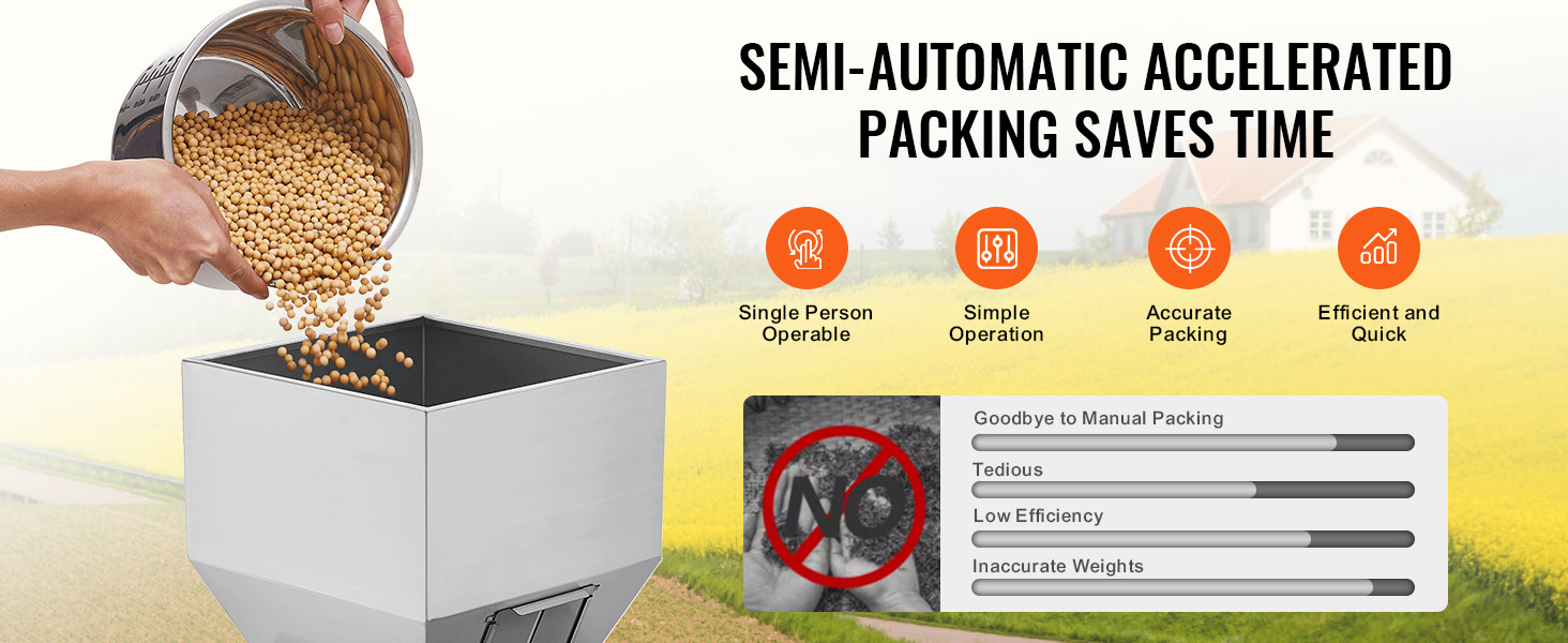 hand pouring soybeans into VEVOR particle filling machine with benefits: efficient, accurate, and quick packing.