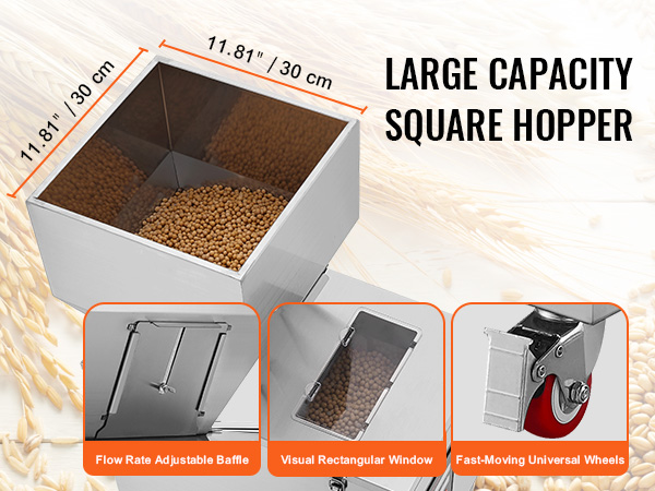 large capacity square hopper with flow rate adjustable baffle, visual rectangular window, and fast-moving universal wheels.