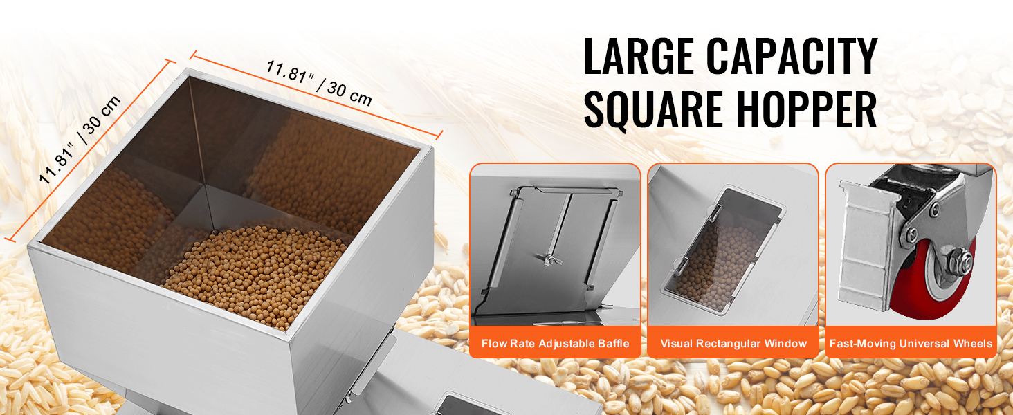 large capacity square hopper with flow rate adjustable baffle, visual rectangular window, and fast-moving universal wheels.