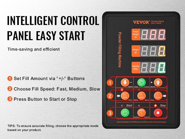 VEVOR particle filling machine control panel with fill amount settings, speed options, and start/stop buttons.