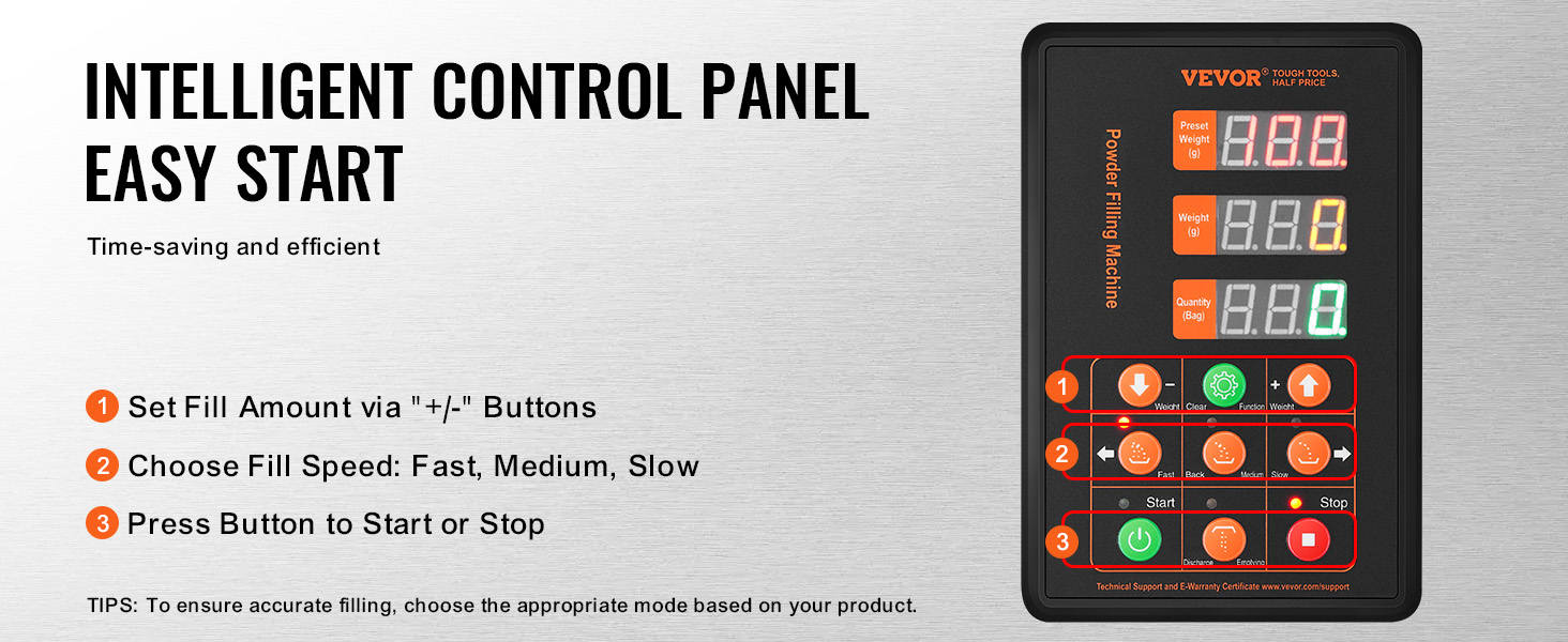 VEVOR particle filling machine control panel with fill amount settings, speed options, and start/stop buttons.