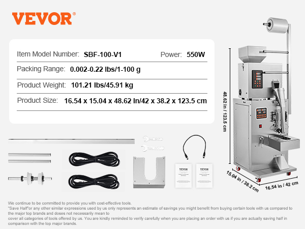 VEVOR particle packaging machine sbf-100-v1 with 0.002-0.22 lbs range, 550w power, and 101.21 lbs weight.
