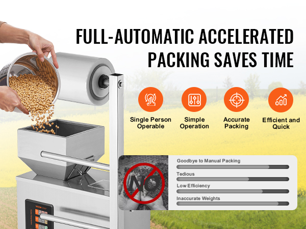 hand pouring particles into VEVOR particle packaging machine with automated packing benefits detailed.