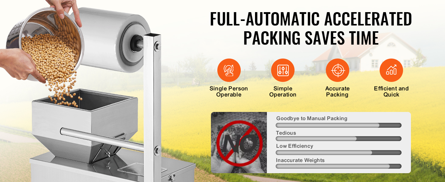 hand pouring particles into VEVOR particle packaging machine with automated packing benefits detailed.