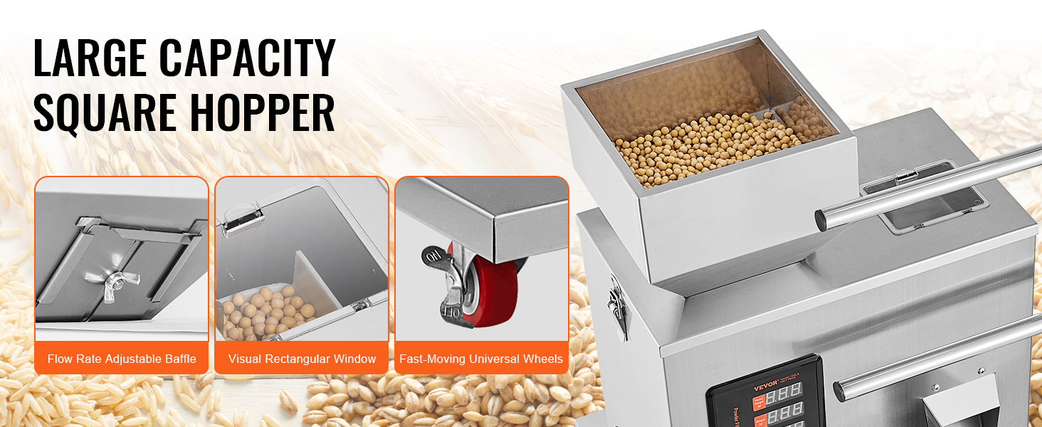 VEVOR particle packaging machine with large capacity square hopper, adjustable baffle, and universal wheels.
