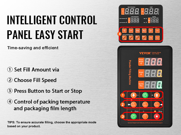 VEVOR particle packaging machine control panel with settings for fill amount, speed, temperature, and film length.