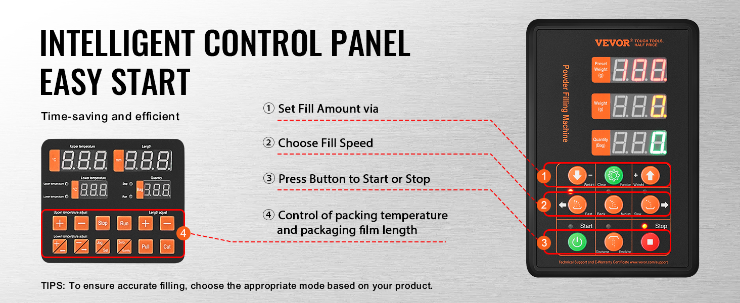 VEVOR particle packaging machine control panel with settings for fill amount, speed, temperature, and film length.