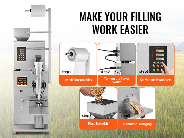 VEVOR particle packaging machine with step-by-step instructions: install, power on, set, place, and automatic packaging.