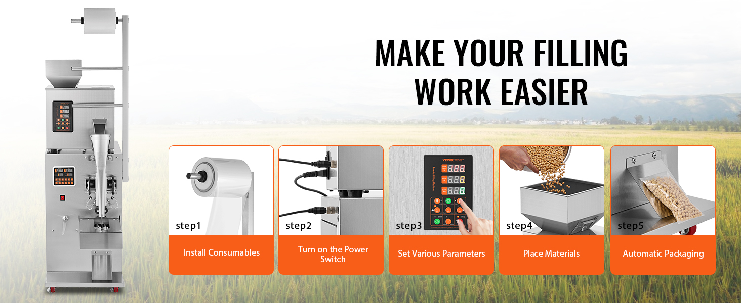 VEVOR particle packaging machine with step-by-step instructions: install, power on, set, place, and automatic packaging.