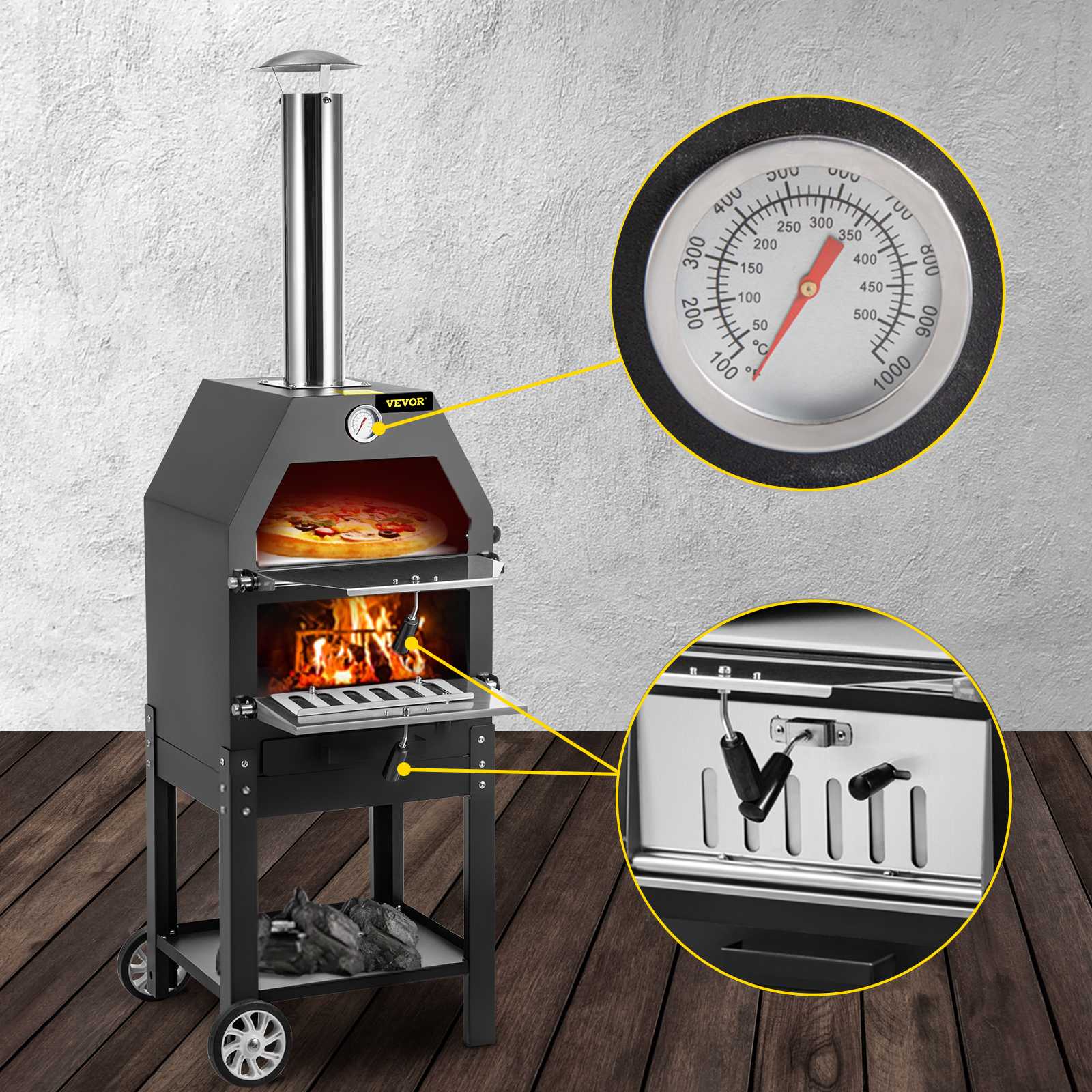 VEVOR outdoor pizza oven with built-in thermometer, wood-fired flame, and adjustable vents.