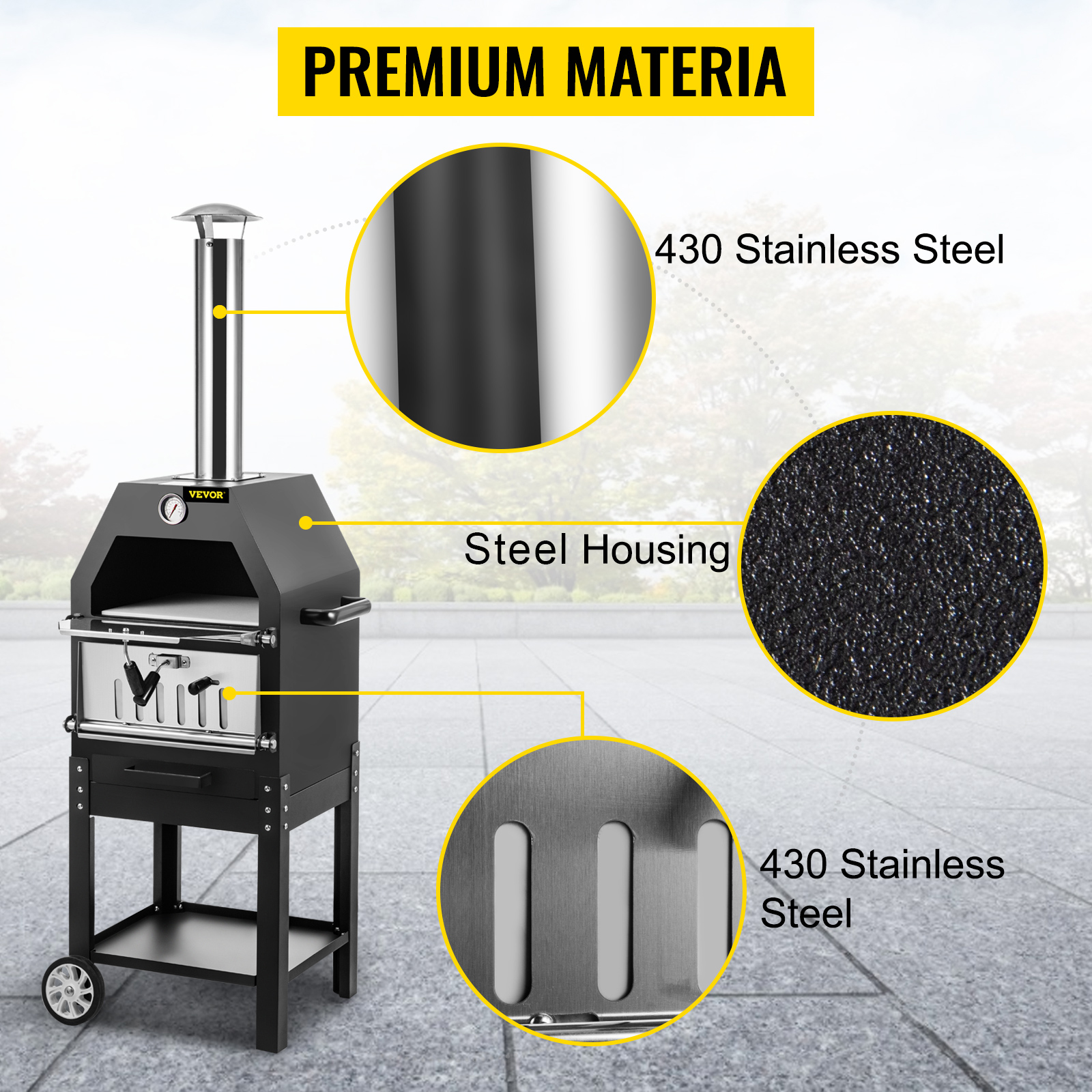 VEVOR outdoor pizza oven with 430 stainless steel housing and durable premium materials.