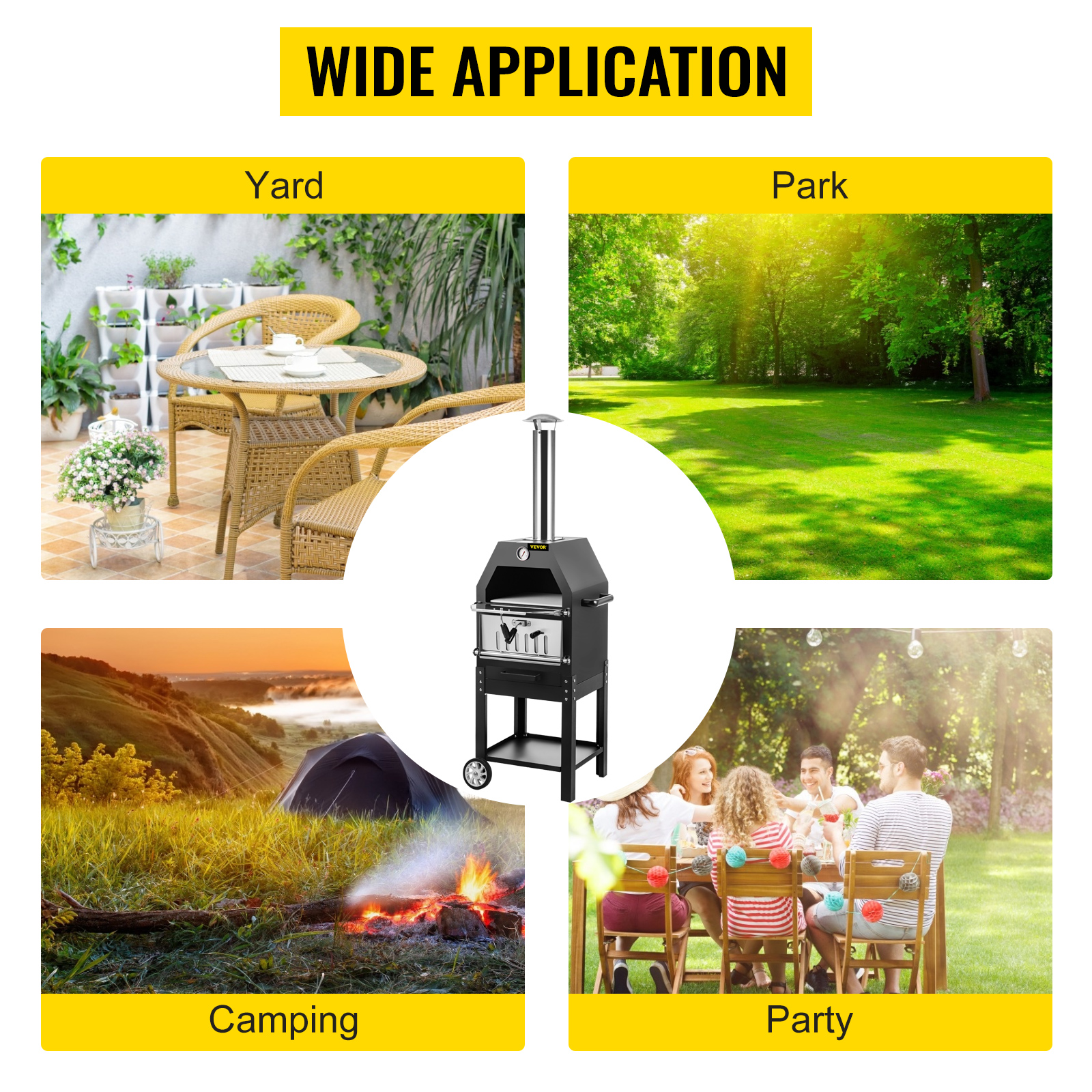 VEVOR outdoor pizza oven in yard, park, camping, and party settings with a wide application.