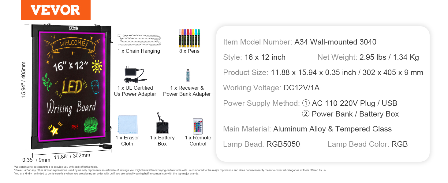 VEVOR led message writing board, 16" x 12", includes 8 pens, chain hanging, power adapter, remote control.
