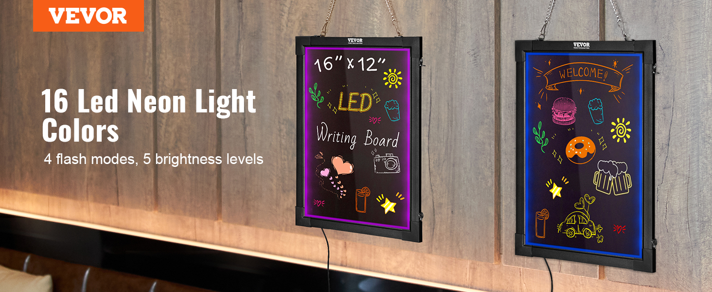 VEVOR led message writing board with 16 led neon light colors, 4 flash modes, 5 brightness levels.