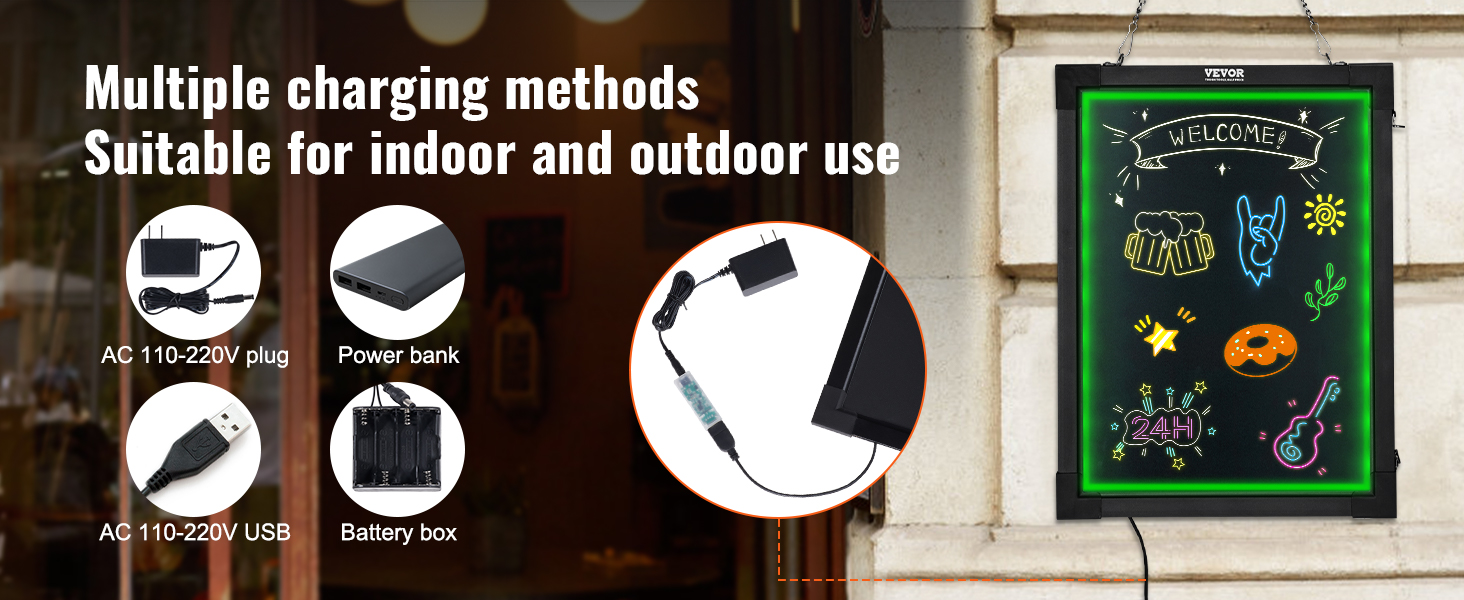 VEVOR led message writing board with various charging options for indoor and outdoor use.