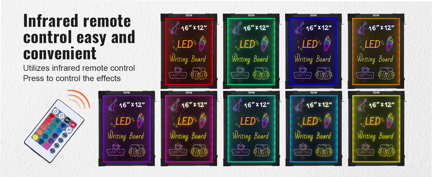 VEVOR led message writing board in multiple colors with remote control for effects and convenience.