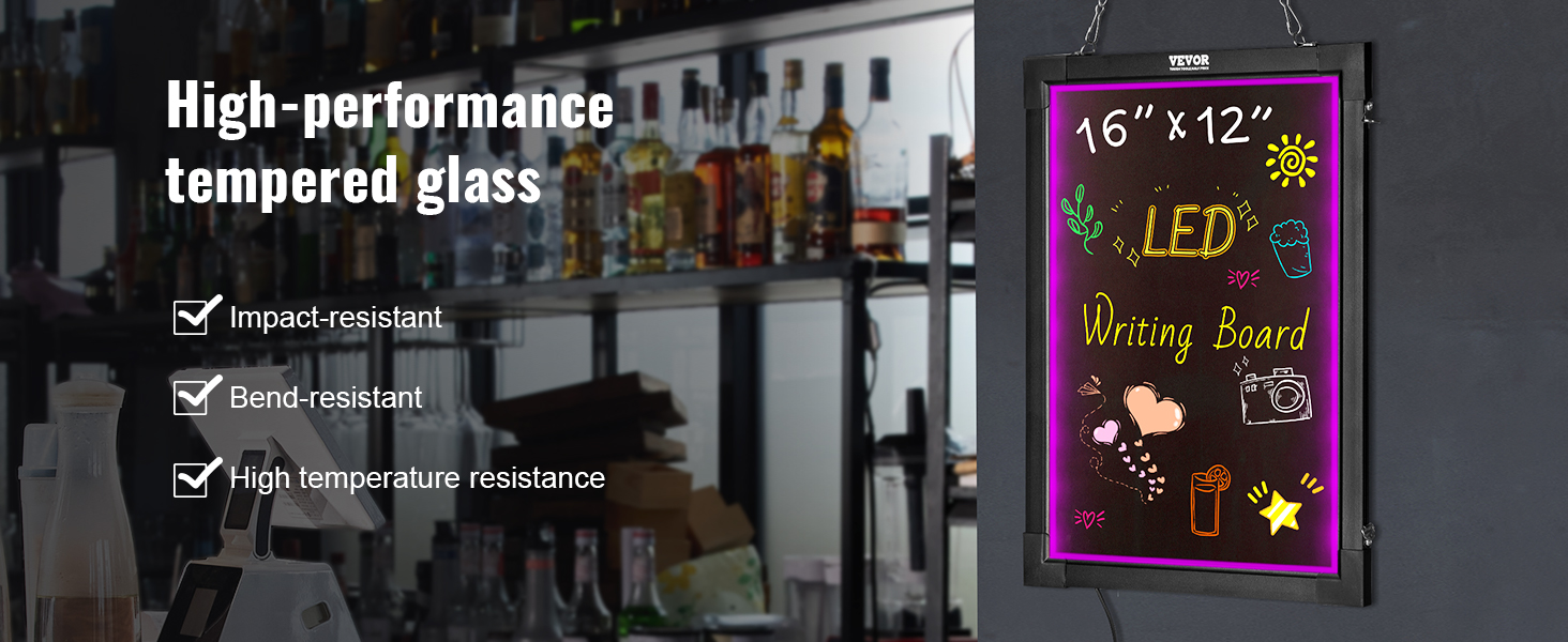 VEVOR led message writing board with high-performance tempered glass, impact and bend-resistant.