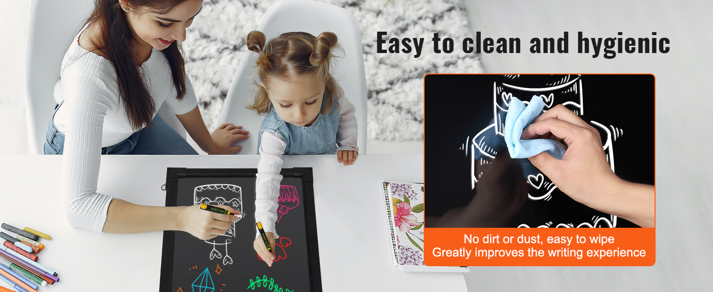 two people using VEVOR led message writing board, showcasing ease of cleaning and hygienic use.