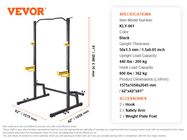 VEVOR power rack with adjustable hooks, safety arms, and weight plate posts, 1575x1058x2045 mm.