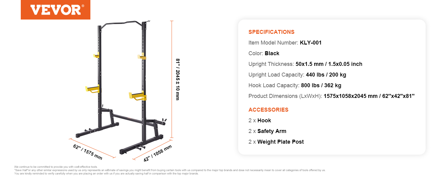 VEVOR power rack with adjustable hooks, safety arms, and weight plate posts, 1575x1058x2045 mm.